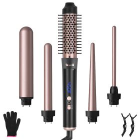5 in 1 Curling Wand Hair Curling Iron Brush Anti-Tangle Hair(ermal Brush Curler with 4 Heating Levels 360otatable Cable 5 Interchangeable Barrels