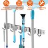 Broom Mop Holder Wall Mount Stainless Steel Mop Hanger Organizer Storage Rack w/ 5 Hooks 4 Mop Clamp Slots For Laundry Room Bathroom Kitchen Garage