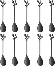 Elegant Black Leaf Coffee Spoons - 10-Piece, 4.7" Mini Stainless Steel Espresso & Dessert Tea Spoons, Perfect for Demitasse & Small Servings