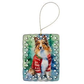 Sheltie Christmas Porcelain Ornament Christmas Tree Hanging Decorations for Home Christmas Holiday, Rectangle, Gift, Multicolor