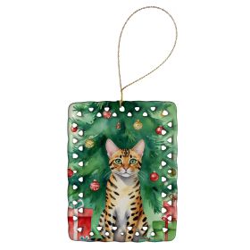 Bengal Cat By the Christmas Tree Porcelain Ornament Christmas Tree Hanging Decorations for Home Christmas Holiday, Rectangle, Gift, Multicolor