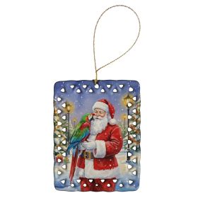 Green Winged Macaw Parrot with Santa Claus Porcelain Ornament Christmas Tree Hanging Decorations for Home Christmas Holiday, Rectangle, Gift