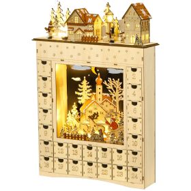 HOMCOM Christmas Advent Calendar, Wooden Countdown to Christmas Table Decoration with 24 Drawers, Lights, Battery Operated