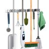Broom Mop Holder Wall Mount Stainless Steel Mop Hanger Organizer Storage Rack w/ 5 Hooks 4 Mop Clamp Slots For Laundry Room Bathroom Kitchen Garage