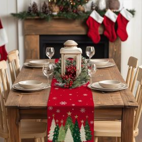 Christmas Table Runner 13x90 Inch, Xmas Trees Snowflakes Holiday Decorative Farmhouse Table Decoration for Kitchen Dinning (Color: Red)