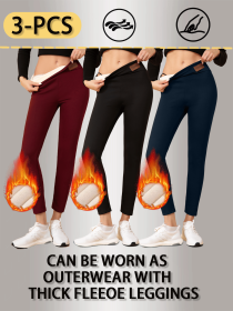 [3-piece set] Winter thick warm leggings, high waisted elastic fashionable versatile leggings (Color: Black+navy blue+wine red, size: XXL)