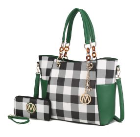 MKF Collection Bonita Checker Tote Handbag & Wallet Set Women by Mia K (Material: Vegan Leather, Color: Green)