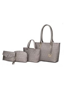 MKF Collection Edelyn embossed M Signature Four PCS Tote Set by Mia k (Material: Polycarbonate, Color: PEWTER)