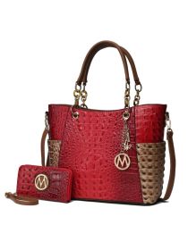 MKF Collection Merlina Faux Crocodile Embossed Vegan Leather Women Tote Bag with matching Wallet by Mia k (Material: Vegan Leather, Color: Red Stone)