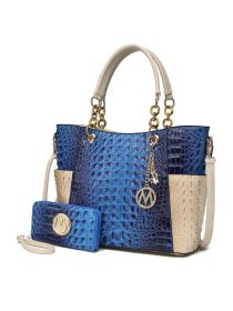 MKF Collection Merlina Faux Crocodile Embossed Vegan Leather Women Tote Bag with matching Wallet by Mia k (Material: Vegan Leather, Color: Navy Beige)