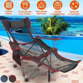 Foldable Camping Chair Collapsible Reclining Chair 330LBS Load Heavy Duty Steel Lawn Chair with Reclining Backrest Angle Cup Holder Pillow Side Pocket (Color: Black)