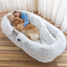Human Dog Bed, Large Size Fits You and Pets, Washable Faux Fur Dog Bed for People Doze Off, Napping Orthopedic Dog Bed, Present Plump Pillow, Blanket (Color: GRAY, size: 6XL(71"L x 45"W x 12"Th))