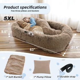 Human Dog Bed, Large Size Fits You and Pets, Washable Faux Fur Dog Bed for People Doze Off, Napping Orthopedic Dog Bed, Present Plump Pillow, Blanket (Color: Khaki, size: 5XL(63"L Ã—31.4"W Ã—9.5"Th))